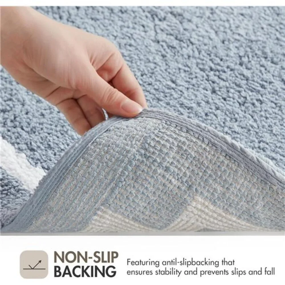 Cotton Bathroom Rug Non Slip Plush Absorbent Bath Mat Quick Dry Spa Design Blue